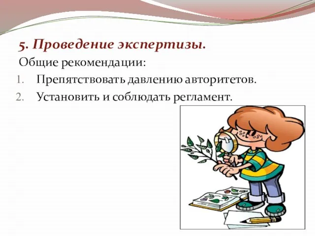 5. Проведение экспертизы. Общие рекомендации: Препятствовать давлению авторитетов. Установить и соблюдать регламент.