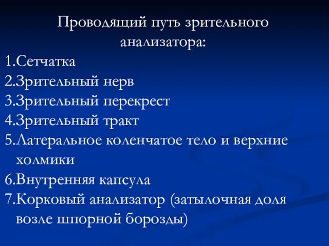 Проводящий путь зрительного анализатора: Сетчатка Зрительный нерв Зрительный перекрест Зрительный тракт