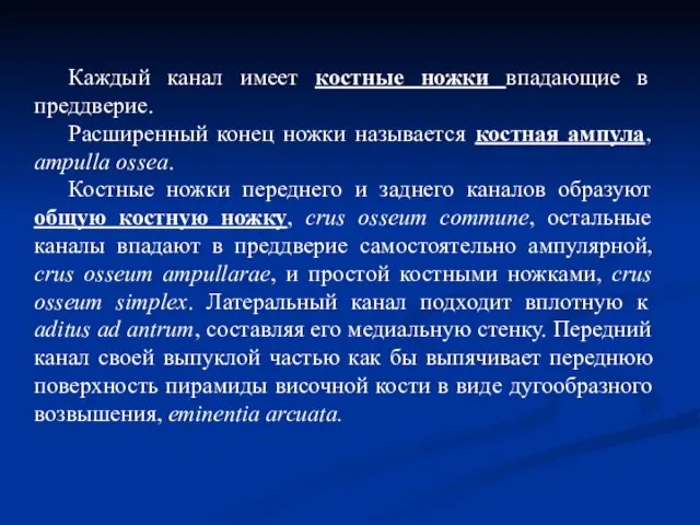 Каждый канал имеет костные ножки впадающие в преддверие. Расширенный конец ножки