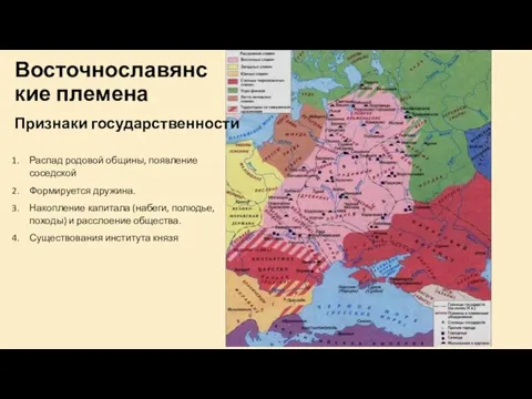 Восточнославянские племена Признаки государственности Распад родовой общины, появление соседской Формируется дружина.