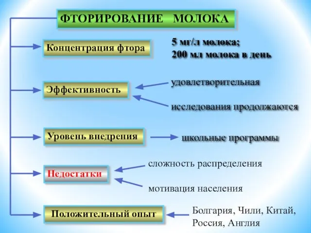 ФТОРИРОВАНИЕ МОЛОКА Концентрация фтора Эффективность Уровень внедрения Недостатки 5 мг/л молока;