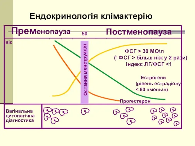 вік Прогестерон Остання менструація 50 Пременопауза Постменопауза ФСГ > 30 МО/л