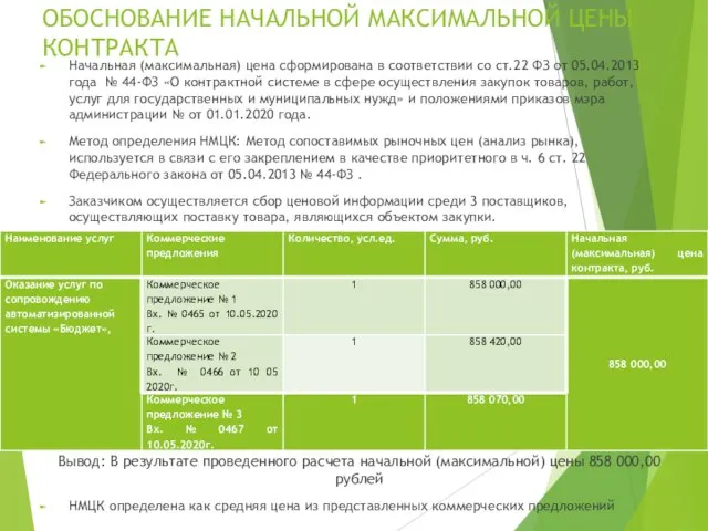 ОБОСНОВАНИЕ НАЧАЛЬНОЙ МАКСИМАЛЬНОЙ ЦЕНЫ КОНТРАКТА Начальная (максимальная) цена сформирована в соответствии