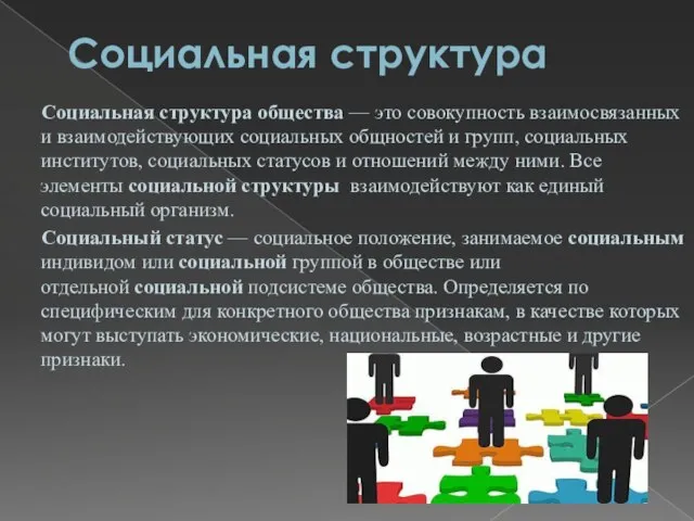 Социальная структура Социальная структура общества — это совокупность взаимосвязанных и взаимодействующих