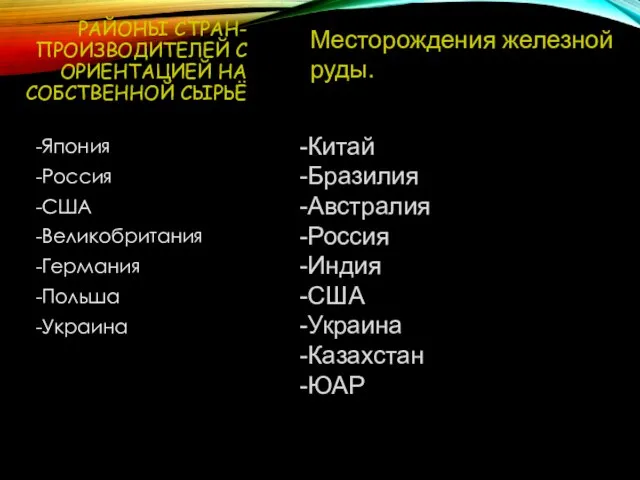 РАЙОНЫ СТРАН-ПРОИЗВОДИТЕЛЕЙ С ОРИЕНТАЦИЕЙ НА СОБСТВЕННОЙ СЫРЬЁ -Япония -Россия -США -Великобритания