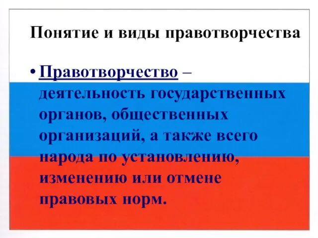 Понятие и виды правотворчества Правотворчество – деятельность государственных органов, общественных организаций,