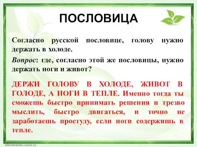 ПОСЛОВИЦА Согласно русской пословице, голову нужно держать в холоде. Вопрос: где,