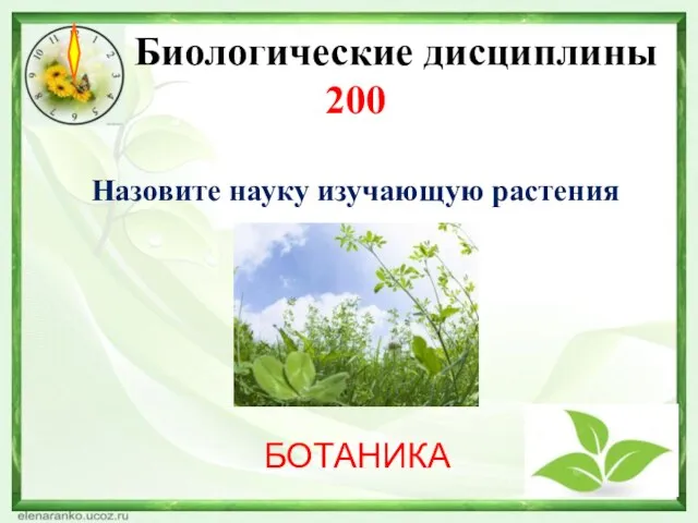 Биологические дисциплины 200 Назовите науку изучающую растения БОТАНИКА