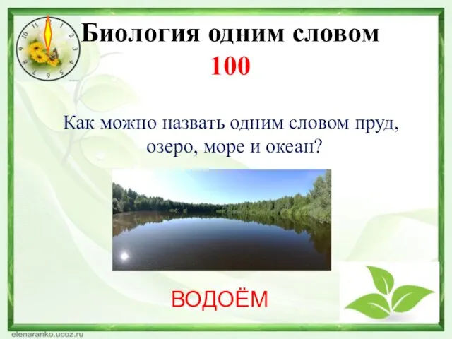 Биология одним словом 100 Как можно назвать одним словом пруд, озеро, море и океан? ВОДОЁМ