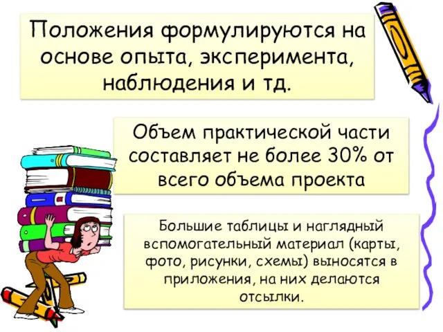 Положения формулируются на основе опыта, эксперимента, наблюдения и тд. Объем практической