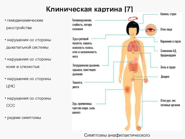 Клиническая картина [7] Симптомы анафилактического шока гемодинамические расстройства нарушения со стороны