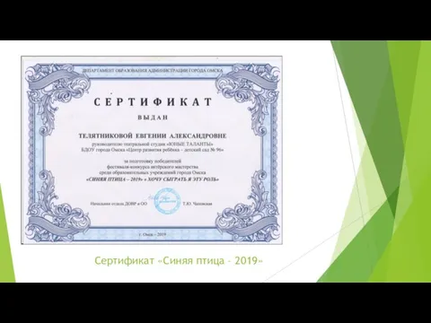 Сертификат «Синяя птица – 2019»