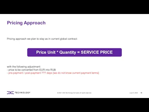 Pricing Approach Price Unit * Quantity = SERVICE PRICE Pricing approach