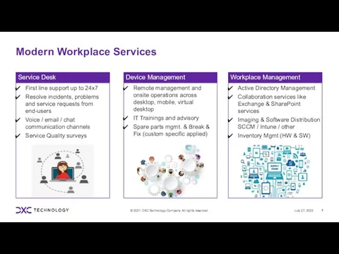 Modern Workplace Services First line support up to 24x7 Resolve incidents,