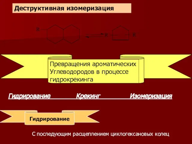 Деструктивная изомеризация Превращения ароматических Углеводородов в процессе гидрокрекинга Гидрирование С последующим