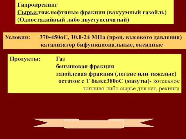 Гидрокрекинг Сырье:тяж.нефтяные фракции (вакуумный газойль) (Одностадийный либо двуступенчатый) Условия: 370-450оС, 10.0-24