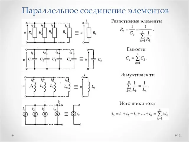 Параллельное соединение элементов Резистивные элементы Емкости Индуктивности Источники тока