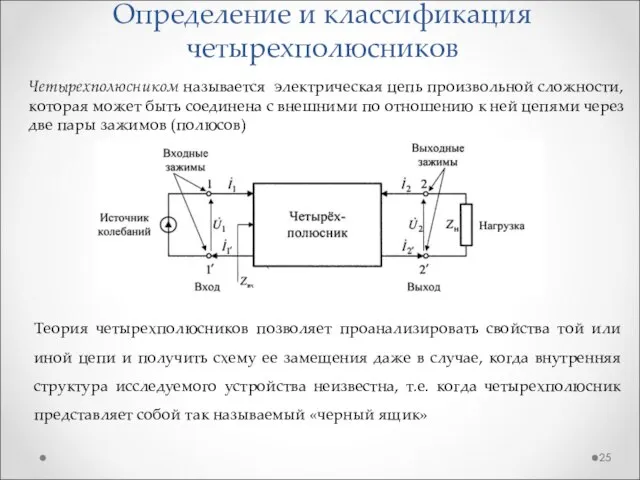 Определение и классификация четырехполюсников Четырехполюсником называется электрическая цепь произвольной сложности, которая