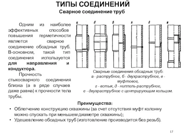 Преимущества: Облегчение конструкцию скважины (за счет отсутствия муфт колонну можно спускать