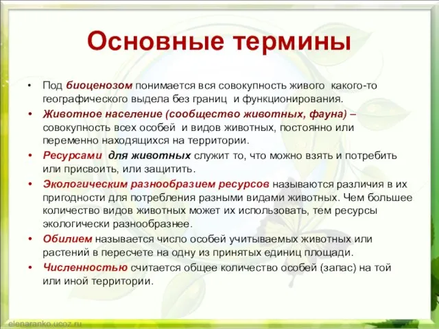 Основные термины Под биоценозом понимается вся совокупность живого какого-то географического выдела