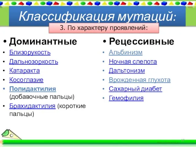 Доминантные Близорукость Дальнозоркость Катаракта Косоглазие Полидактилия (добавочные пальцы) Брахидактилия (короткие пальцы)