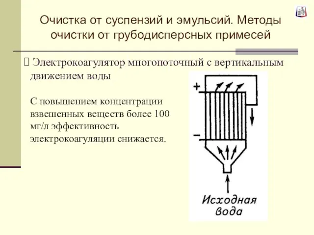 Электрокоагулятор многопоточный с вертикальным движением воды С повышением концентрации взвешенных веществ