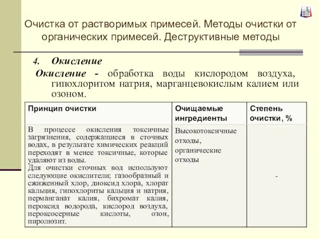 Окисление Окисление - обработка воды кислородом воздуха, гипохлоритом натрия, марганцевокислым калием