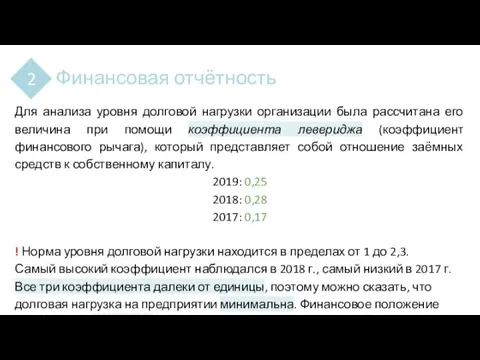 Финансовая отчётность 2 Для анализа уровня долговой нагрузки организации была рассчитана