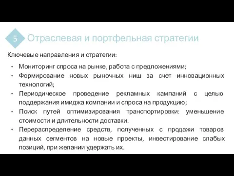 Отраслевая и портфельная стратегии 5 Ключевые направления и стратегии: Мониторинг спроса