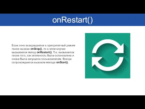 onRestart() Если окно возвращается в приоритетный режим после вызова onStop(), то