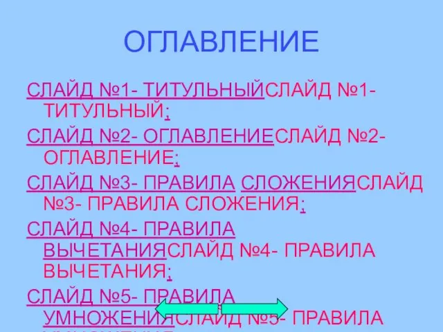 ОГЛАВЛЕНИЕ СЛАЙД №1- ТИТУЛЬНЫЙСЛАЙД №1- ТИТУЛЬНЫЙ; СЛАЙД №2- ОГЛАВЛЕНИЕСЛАЙД №2- ОГЛАВЛЕНИЕ;