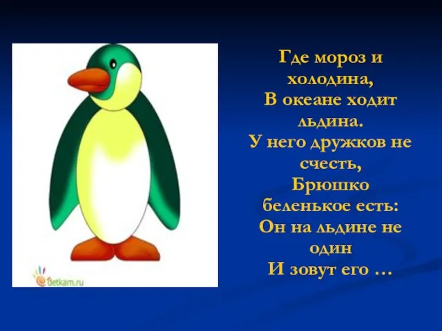 Где мороз и холодина, В океане ходит льдина. У него дружков