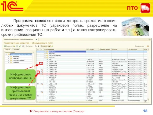 ПТО Программа позволяет вести контроль сроков истечения любых документов ТС (страховой