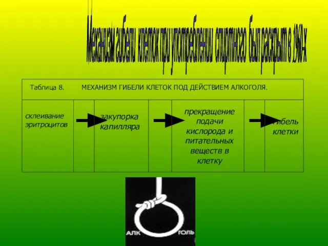 Таблица 8. МЕХАНИЗМ ГИБЕЛИ КЛЕТОК ПОД ДЕЙСТВИЕМ АЛКОГОЛЯ. склеивание эритроцитов закупорка