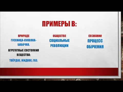 ПРИМЕРЫ В: ПРИРОДЕ ГУСЕНИЦА-КУКОЛКА-БАБОЧКА. АГРЕГАТНЫЕ СОСТОЯНИЯ ВЕЩЕСТВА: ТВЁРДОЕ, ЖИДКОЕ, ГАЗ. ОБЩЕСТВЕ СОЦИАЛЬНЫЕ РЕВОЛЮЦИИ СОЗНАНИИ ПРОЦЕСС ОБУЧЕНИЯ