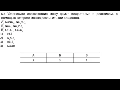 6.4 Установите соответствие межу двумя веществами и реактивом, с помощью которого