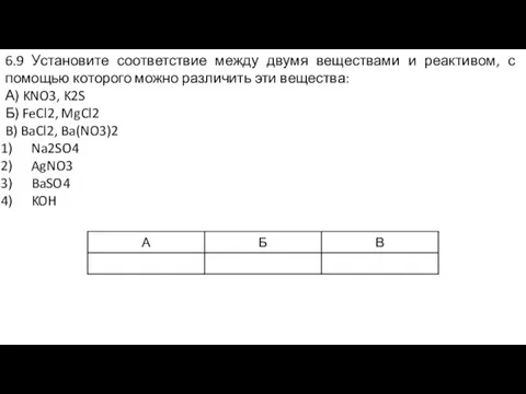 6.9 Установите соответствие между двумя веществами и реактивом, с помощью которого