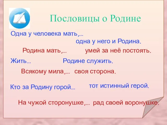 Одна у человека мать,… Родина мать,… На чужой сторонушке,… Всякому мила,…