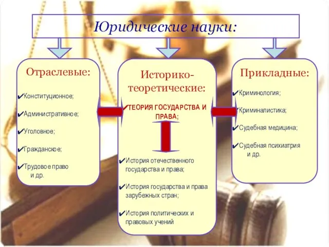 Юридические науки: Отраслевые: Конституционное; Административное; Уголовное; Гражданское; Трудовое право и др.