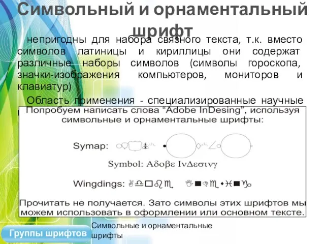 Символьный и орнаментальный шрифт непригодны для набора связного текста, т.к. вместо