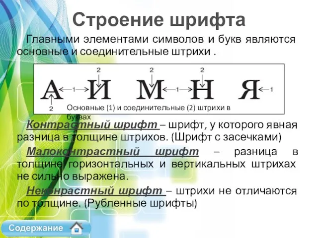 Строение шрифта Главными элементами символов и букв являются основные и соединительные