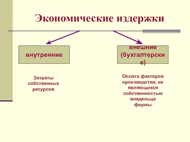 Экономические издержки внутренние внешние (бухгалтерские) Затраты собственных ресурсов Оплата факторов производства, не являющихся собственностью владельца фирмы