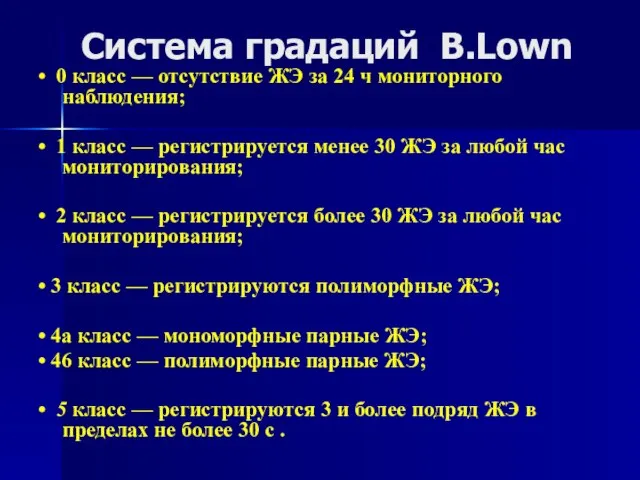 Система градаций B.Lown • 0 класс — отсутствие ЖЭ за 24