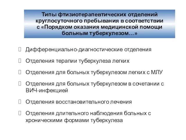 Типы фтизиотерапевтических отделений круглосуточного пребывания в соответствии с «Порядком оказания медицинской