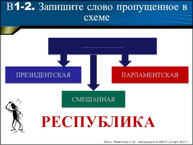 …………………….. ПРЕЗИДЕНТСКАЯ СМЕШАННАЯ ПАРЛАМЕНТСКАЯ РЕСПУБЛИКА В1-2. Запишите слово пропущенное в схеме