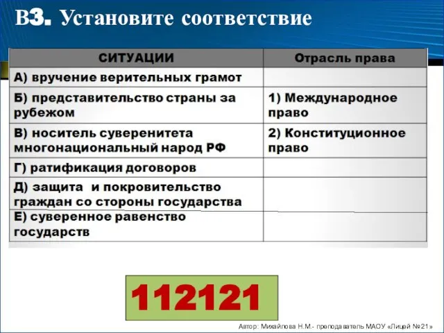 В3. Установите соответствие 112121 Автор: Михайлова Н.М.- преподаватель МАОУ «Лицей № 21»