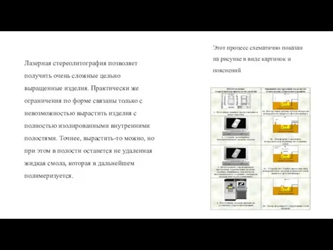 Лазерная стереолитография позволяет получить очень сложные цельно выращенные изделия. Практически же