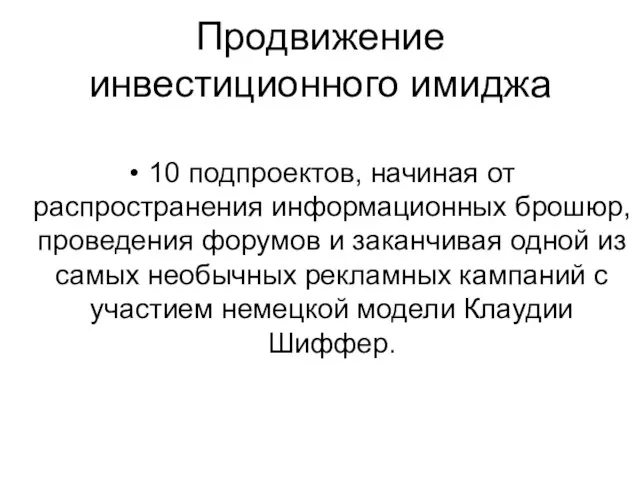 Продвижение инвестиционного имиджа 10 подпроектов, начиная от распространения информационных брошюр, проведения