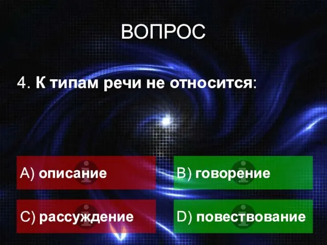 ВОПРОС 4. К типам речи не относится: A) описание B) говорение C) рассуждение D) повествование