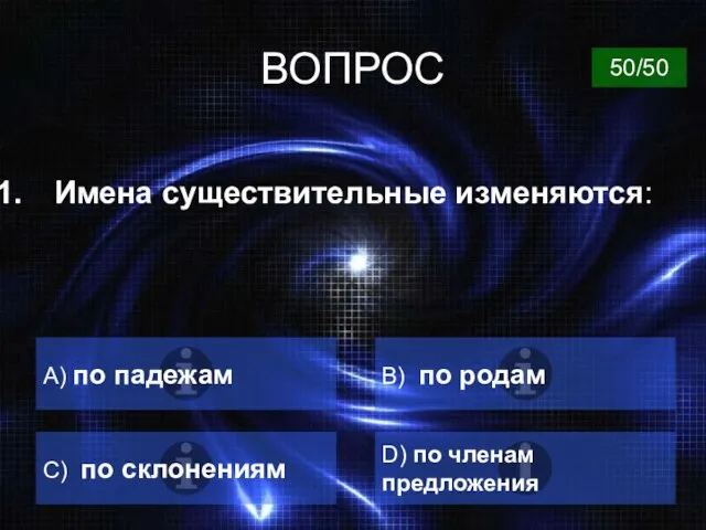 ВОПРОС Имена существительные изменяются: A) по падежам B) по родам C)